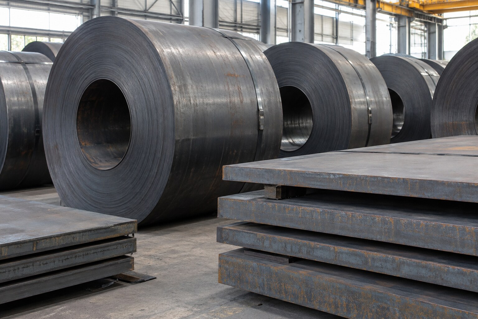 Hot-rolled steel coils and plates in a steel service center