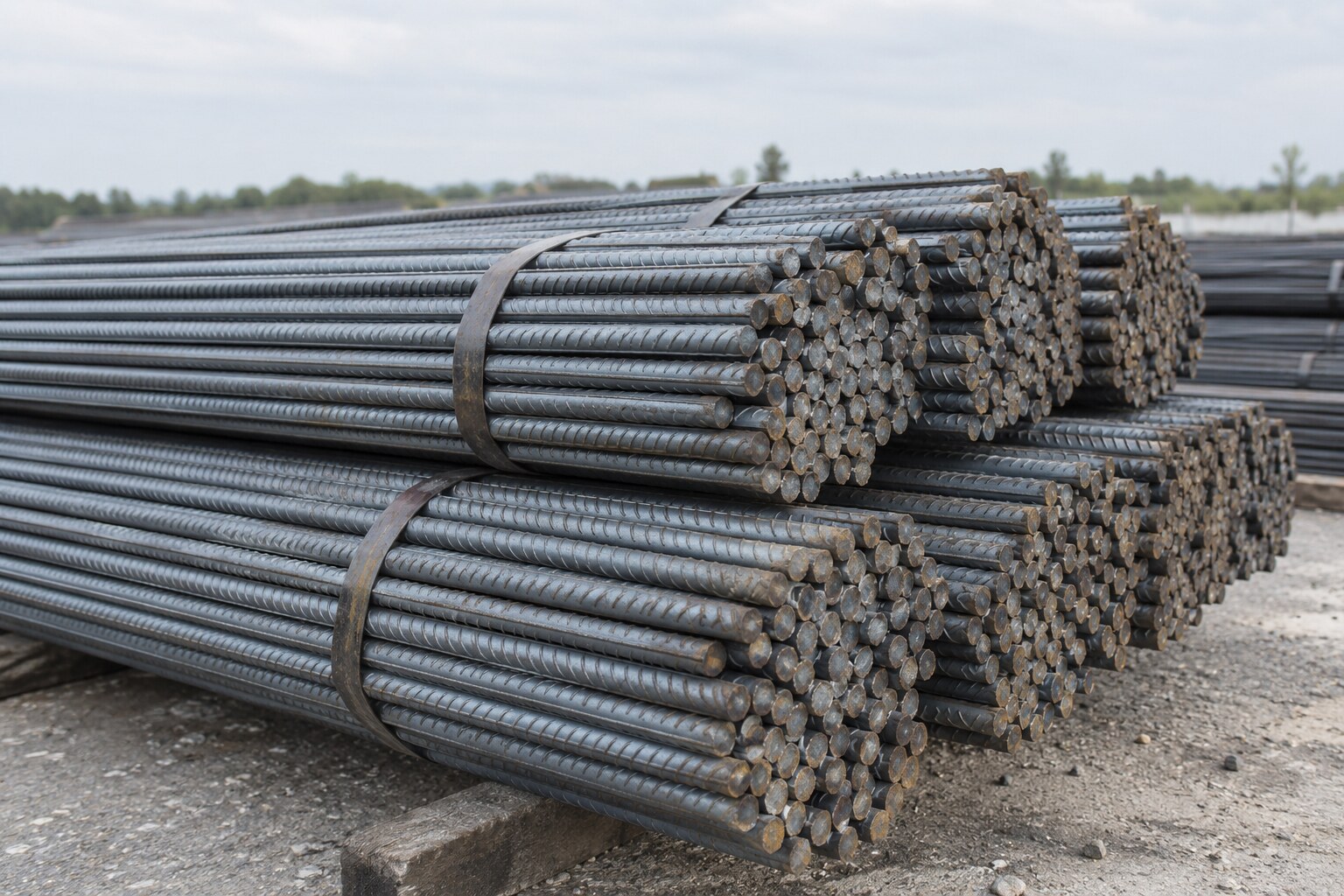 Bundled reinforcing steel bars in an industrial stockyard