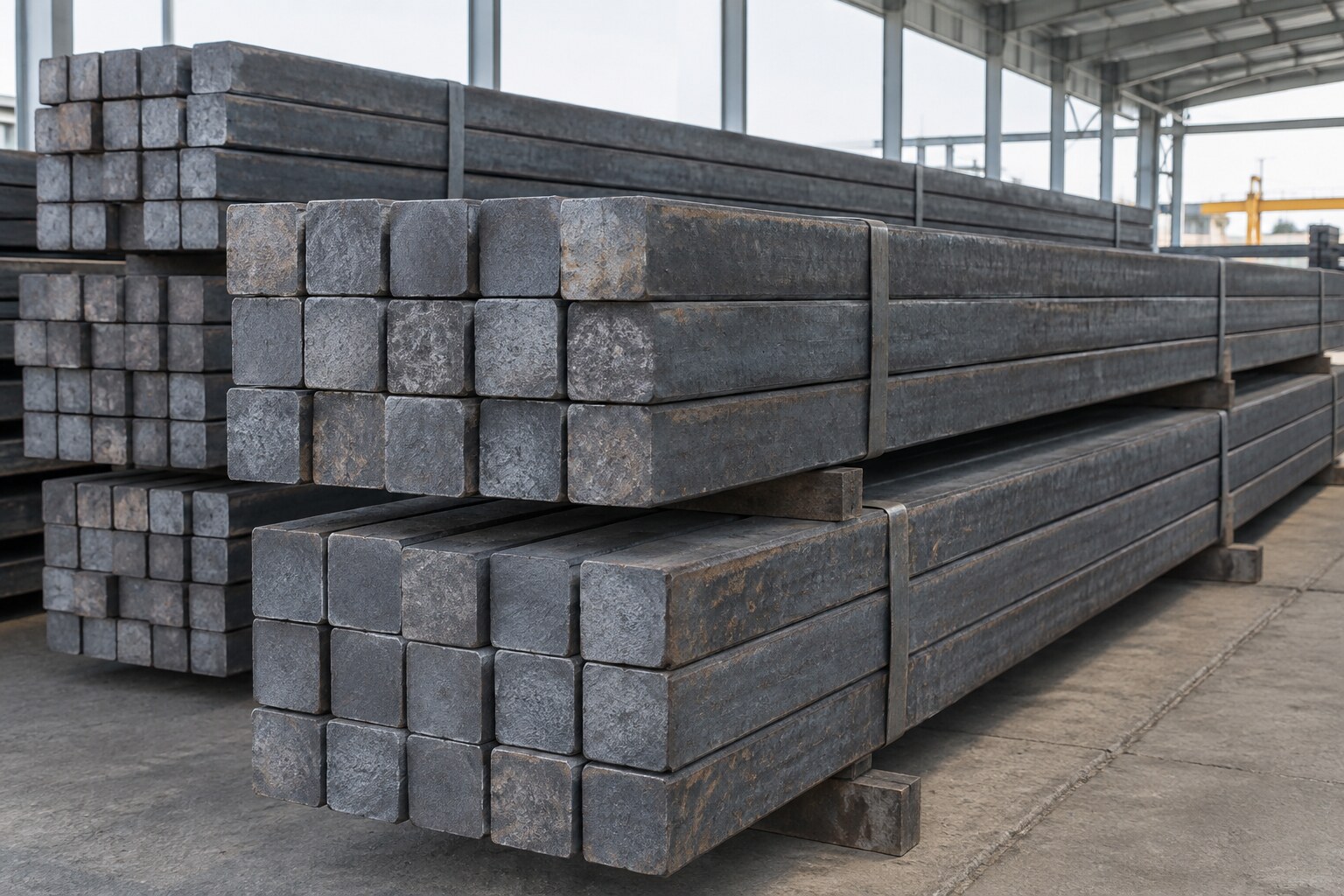 Stacked square steel billets in an industrial warehouse